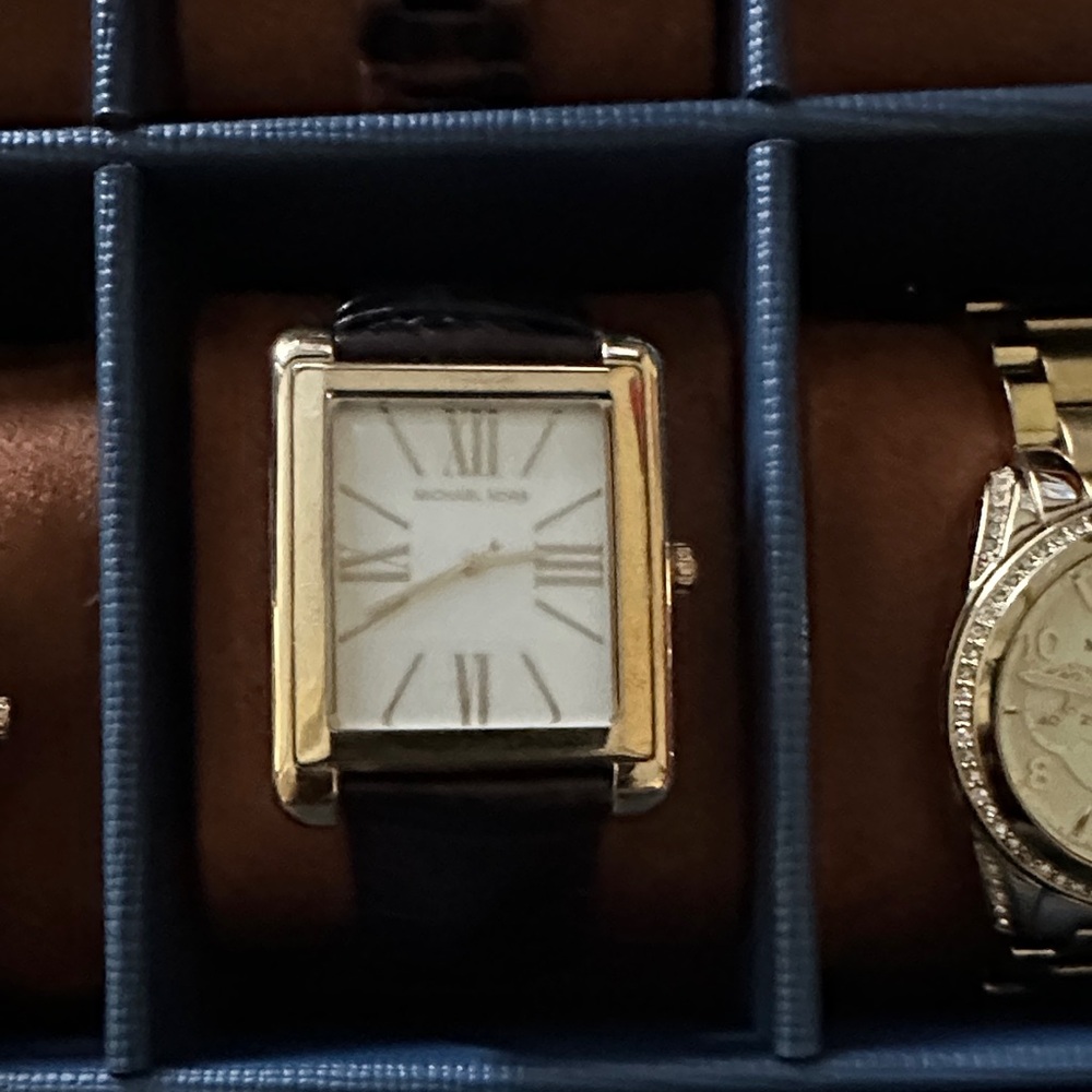 Michael Kors Gold and Brown Crocodile Rectangular Watch